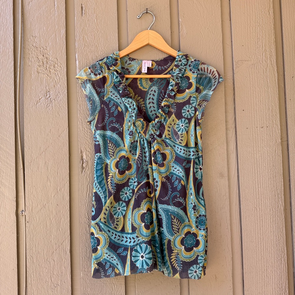 Sweet Pea Paisley Mesh Top Women Large Ruffle V-Neck Cap Sleeve Blue Green Brown - Picture 3 of 9